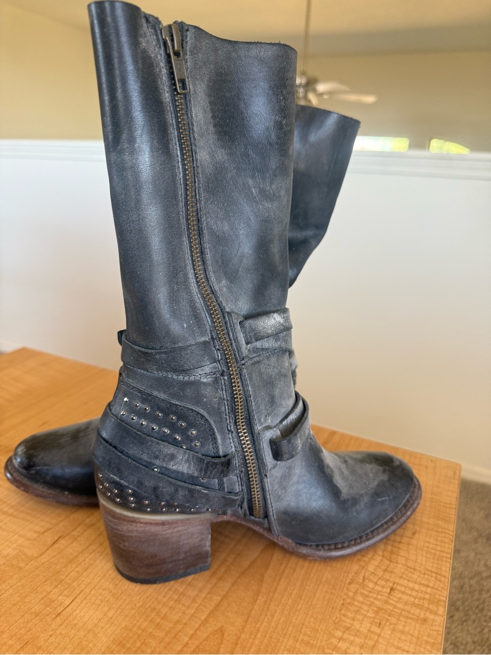 Freebird by Steven Grey Leather Mid-Calf Heeled Boots - Picture 2 of 5